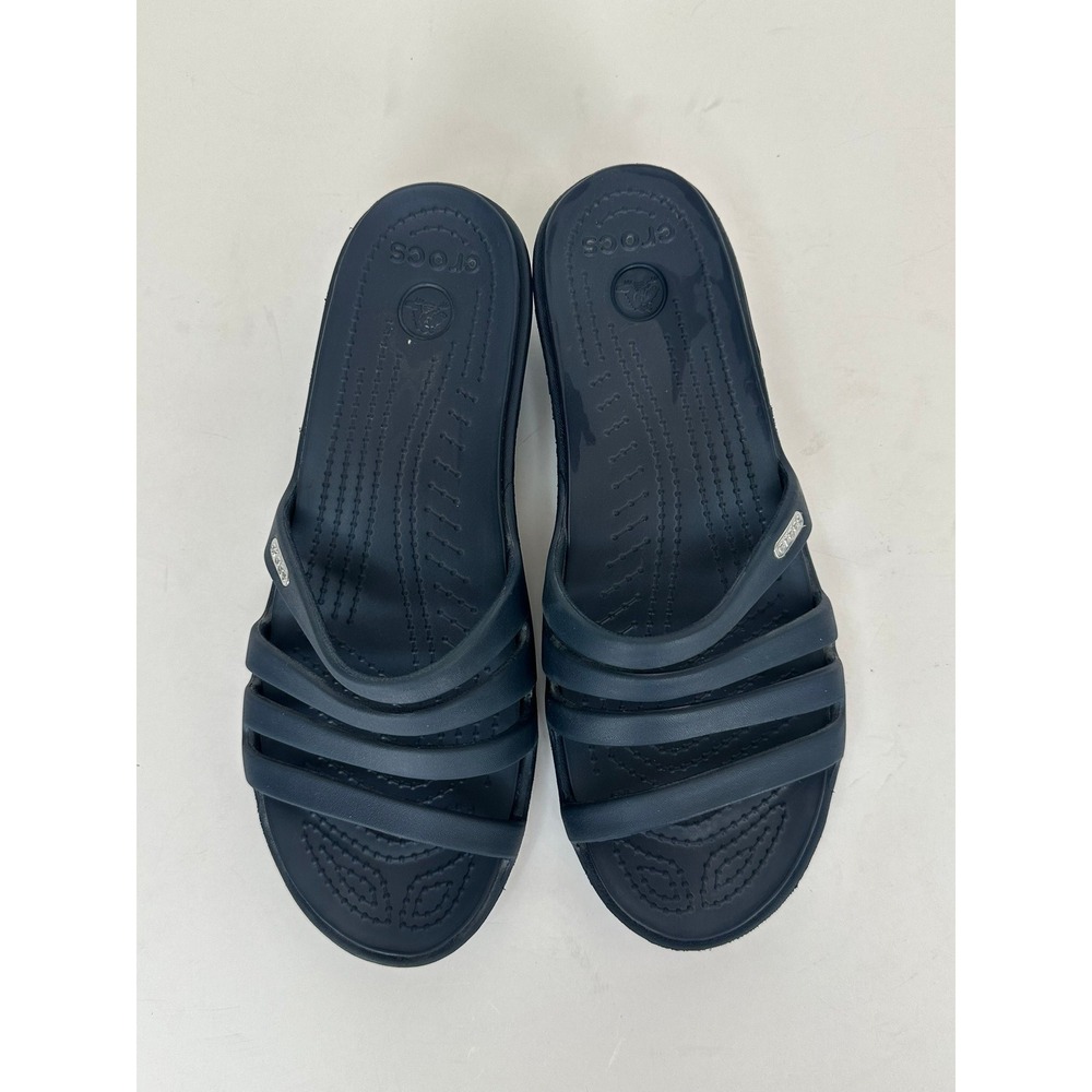 Crocs Rhonda Navy Blue Strappy Wedge Sandals Women' 8 Boho Beach Slip On Comfort